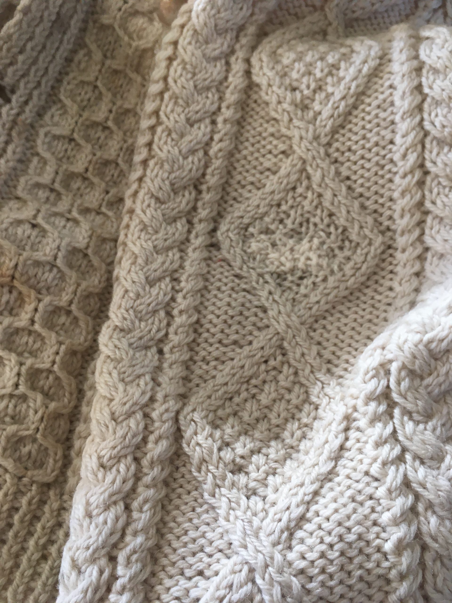 Close up white aran knitted sweater