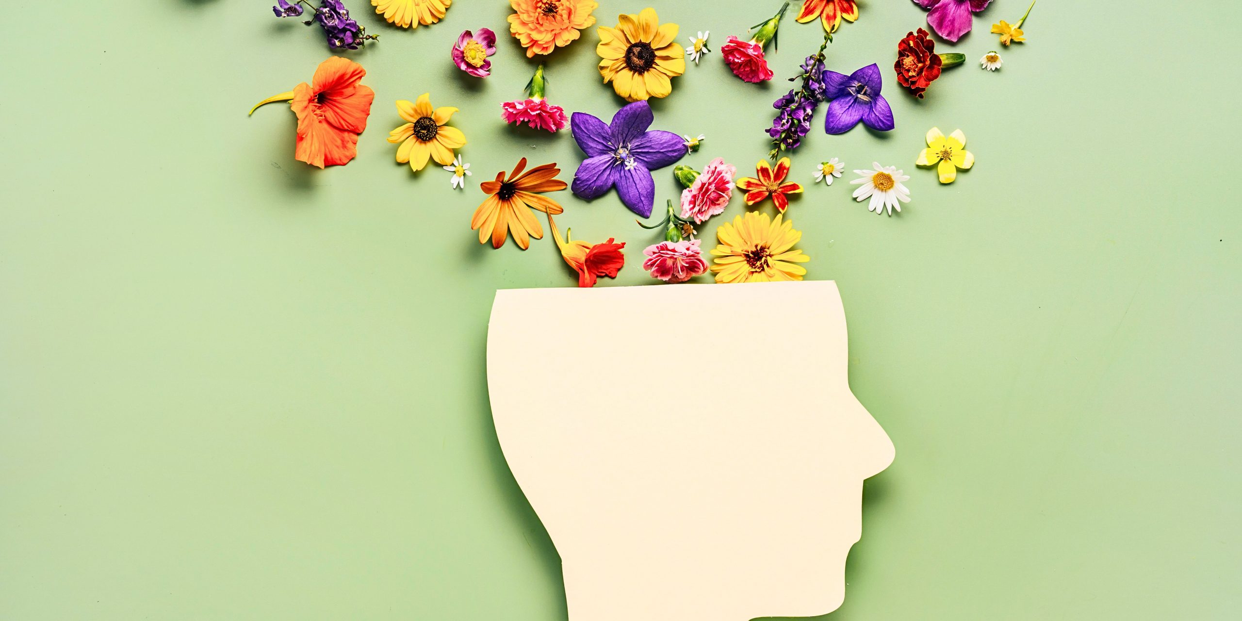 Head with flowers coming out representing a good mental health