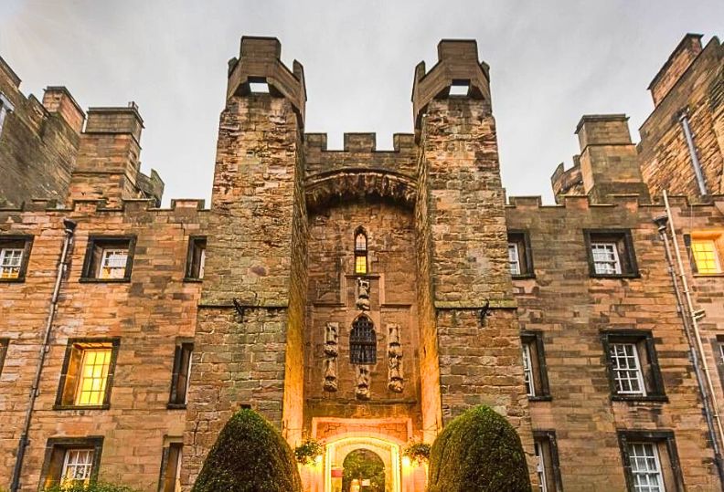 Lumley castle entrance at night