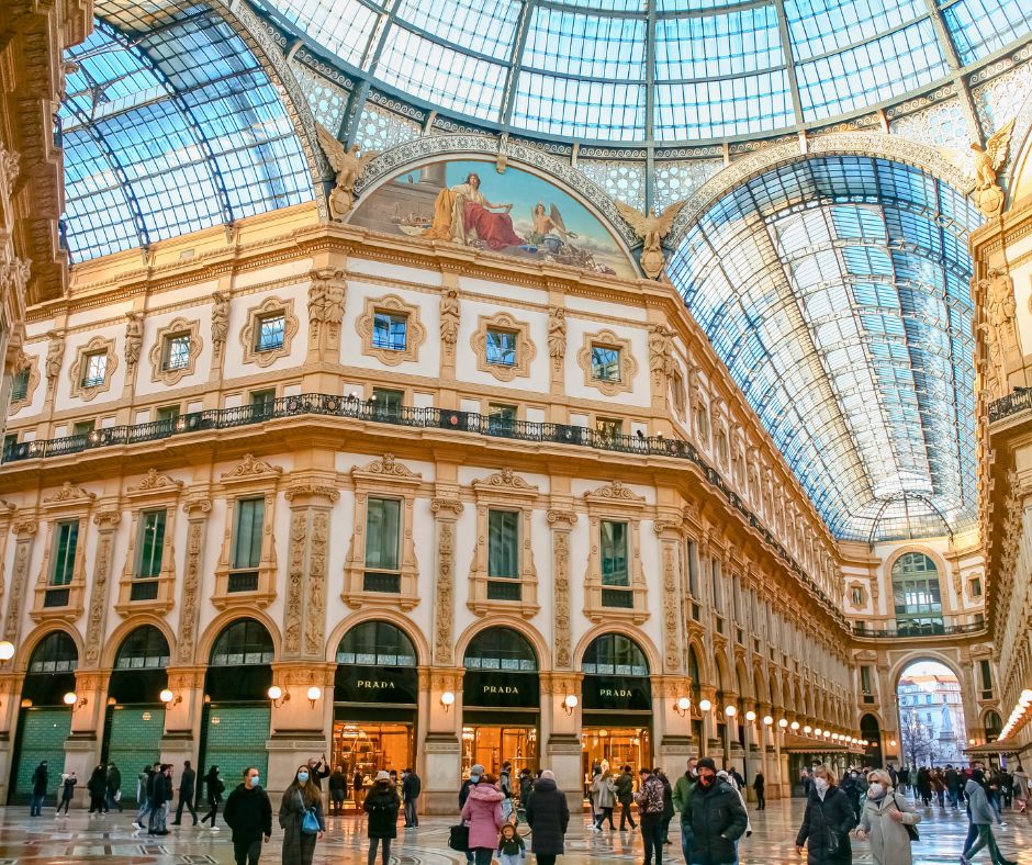 Ornate shopping mall and glass dome