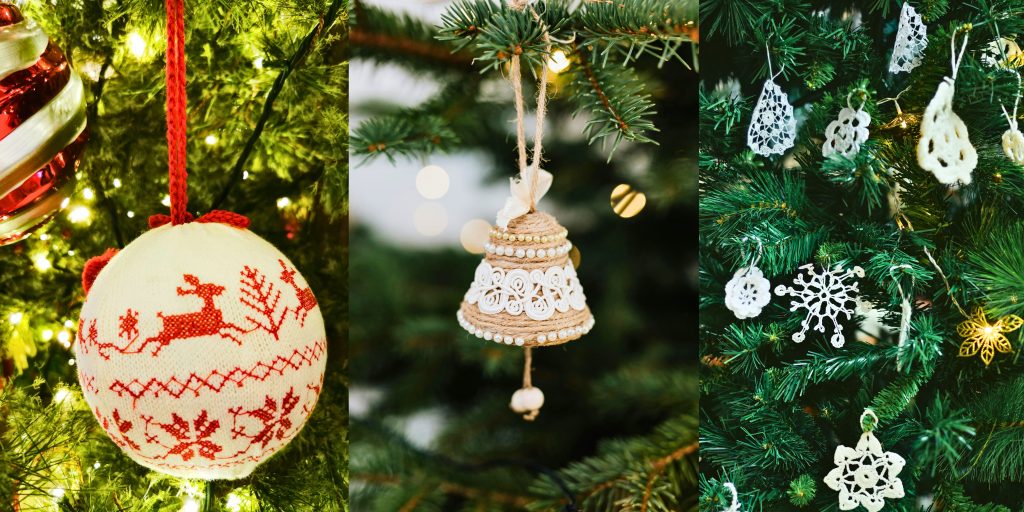 Knitted and crochet Christmas decorations on a tree.