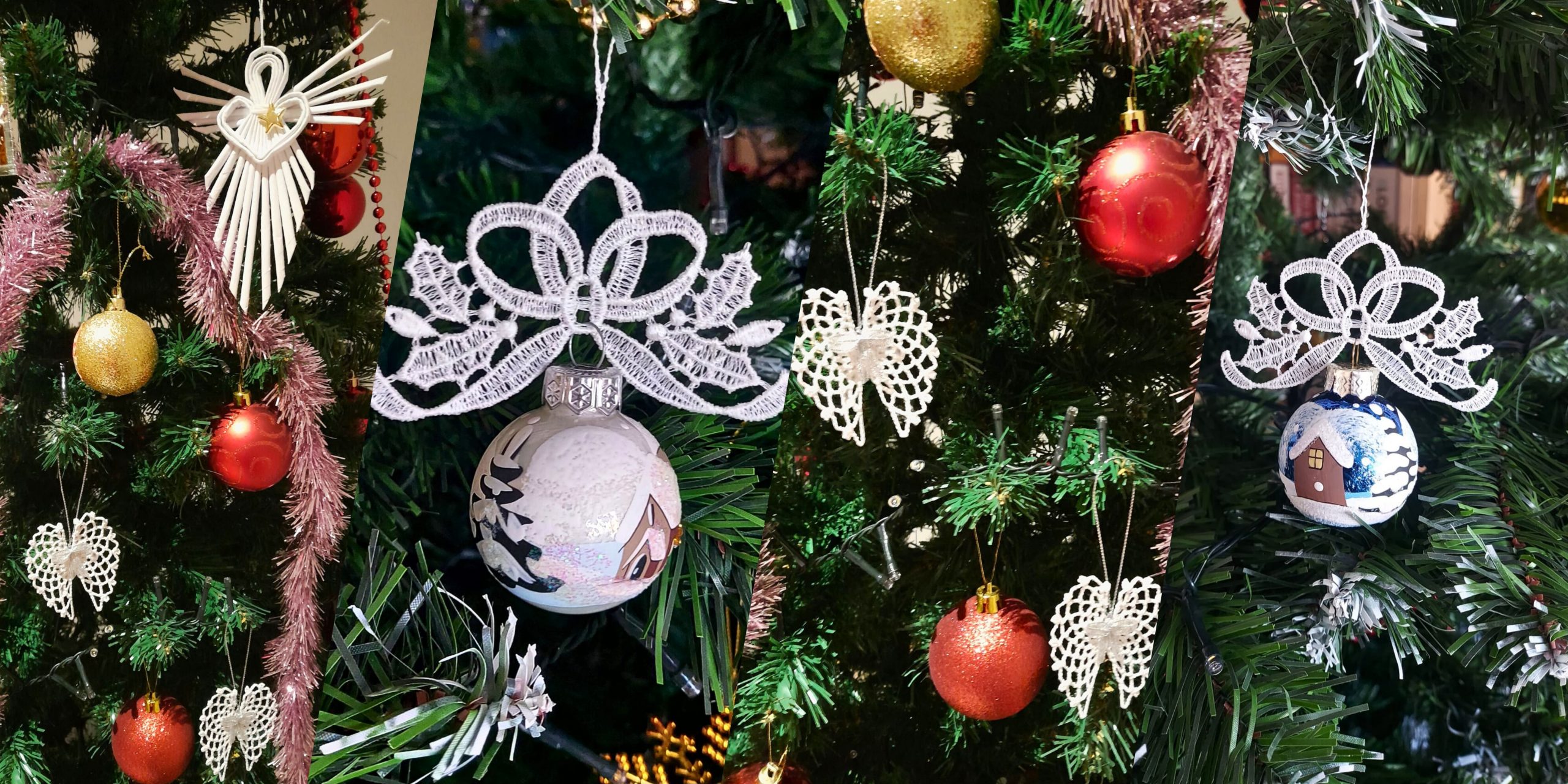 Lace, crochet, Christmas ornaments on Christmas tree