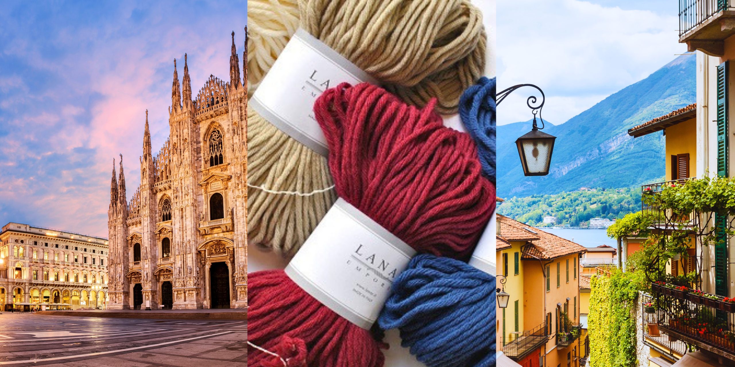 Images of Milan, Bellagio and Yarn in a collage