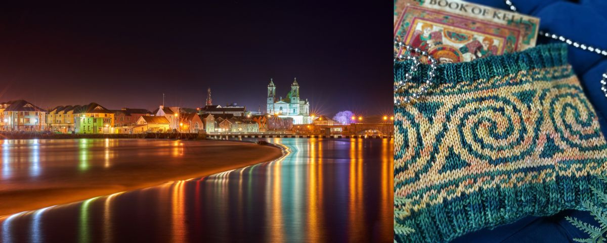 Image of Irish town at night with castle and side image of Celtic knitting